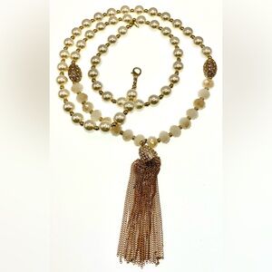 Long Faux Pearl Gold Tone Tassel Necklace Pave Crystals Faceted Glass Beads